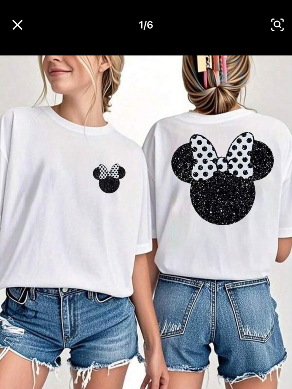 Women’s Disney White Tee with Black Glitter Minnie Graphic